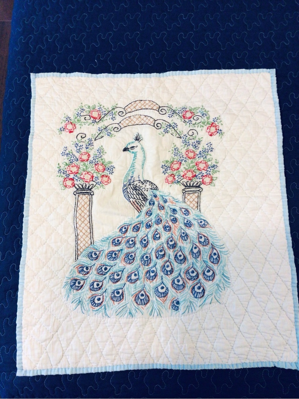 Vintage very old Hand-Quilted and Embroidered Peacock  21x23 inch
